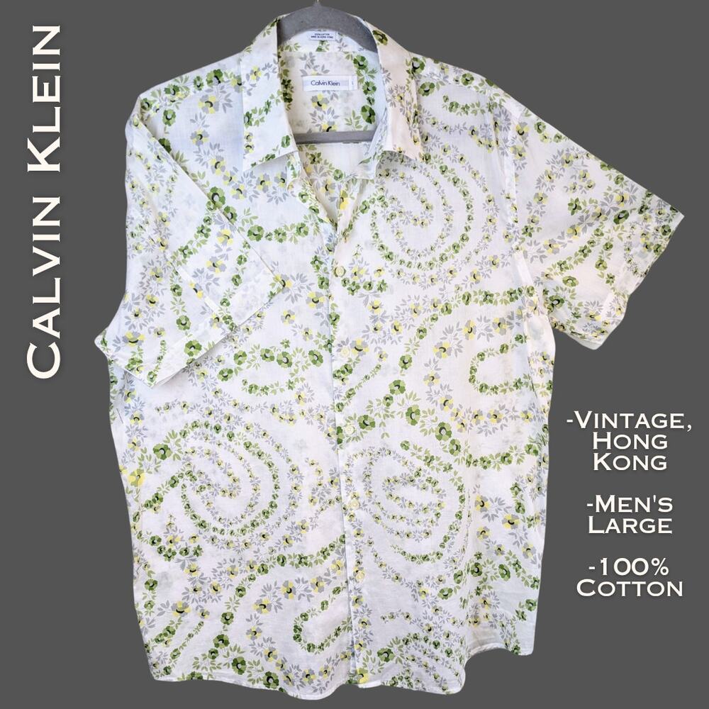 VTG 80s Calvin Klein Mens Hawaiian Shirt Large White Green Gray Retro Cotton
